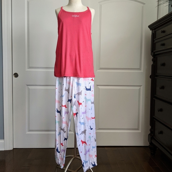 Pj Couture Best Friend Dog Print PJ Set Sleeveless Top Pants Dark Rose L NWT - Picture 2 of 9